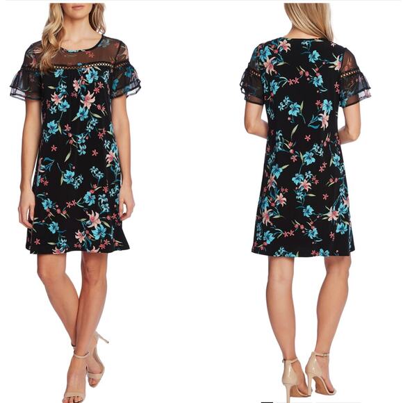 CeCe Expressive Lillies Ruffle Sleeve Mixed Media Black Floral Minidress Sz 1x - Picture 2 of 13
